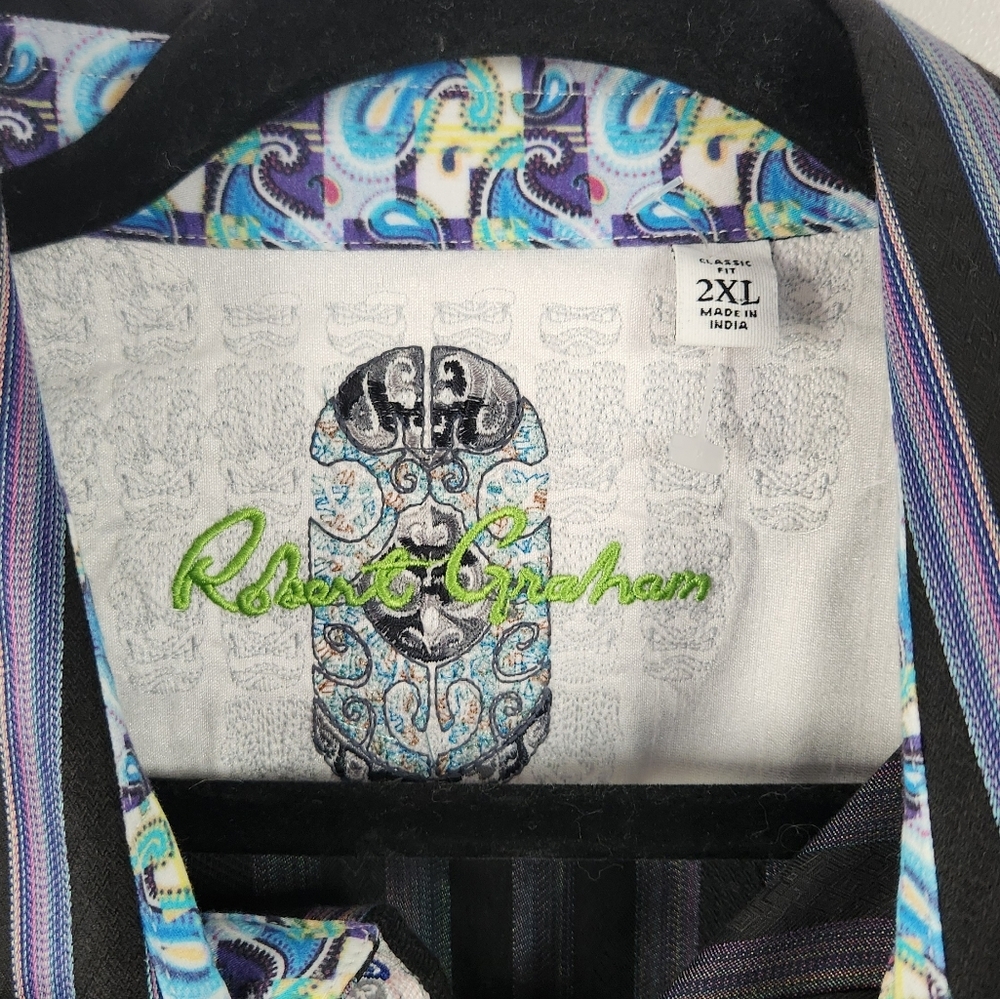 Robert Graham Shirt Mens Size 2XL Long Sleeve Black Purple Stripe Paisley Cuffs - Picture 8 of 11
